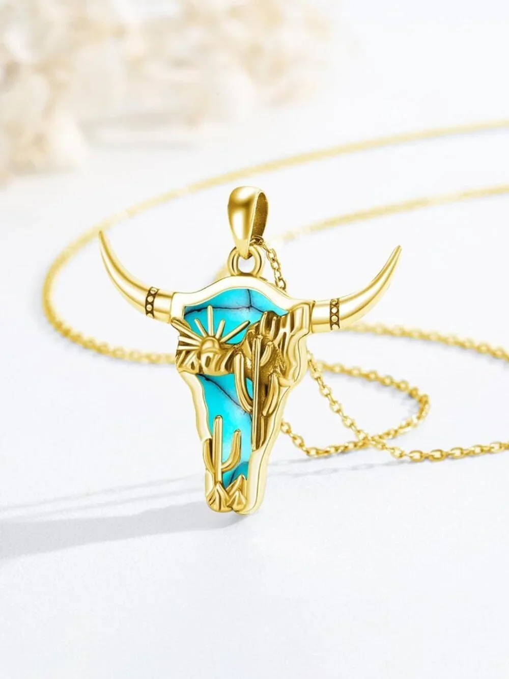 Women's Gold A Sterling Turquoise Pendant Highland Cow Skull Western Necklace